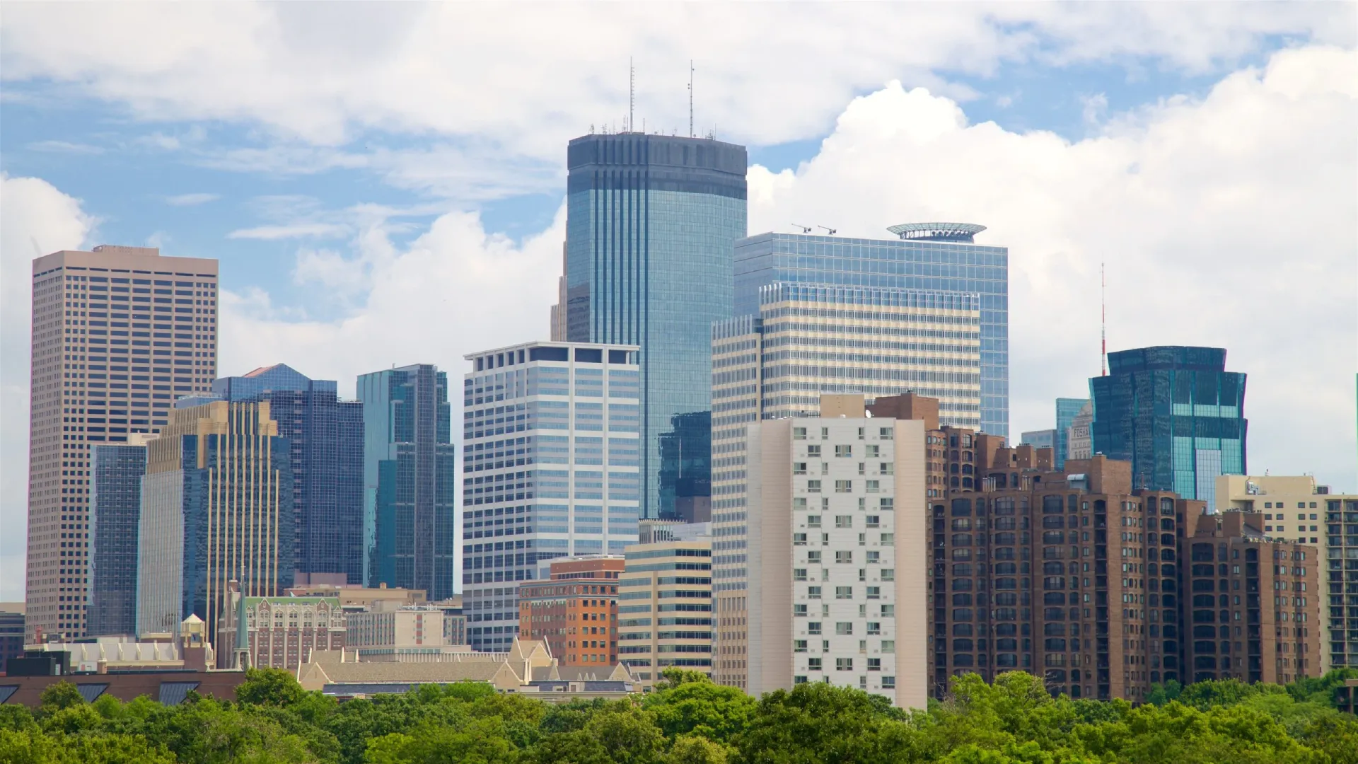 A view of the city skyline from across the street.